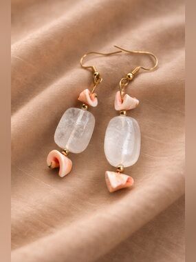 ARTISAN Handcrafted Crystal Quartz & Shell Dangle Earrings 925 GP Boho Coastal
